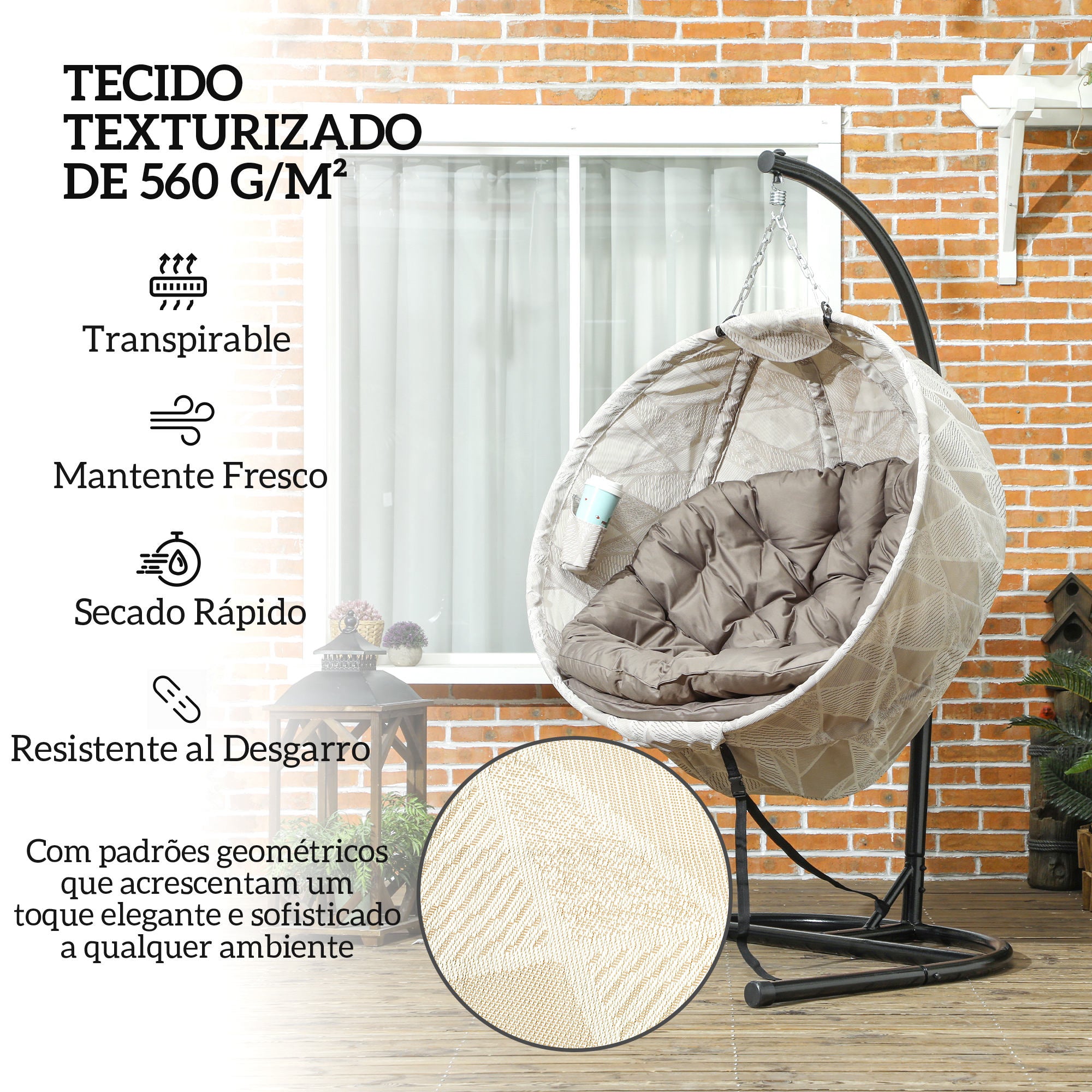 Cadeira Suspensa Marrom 106x114x178 cm com Almofada e Suporte para Copos