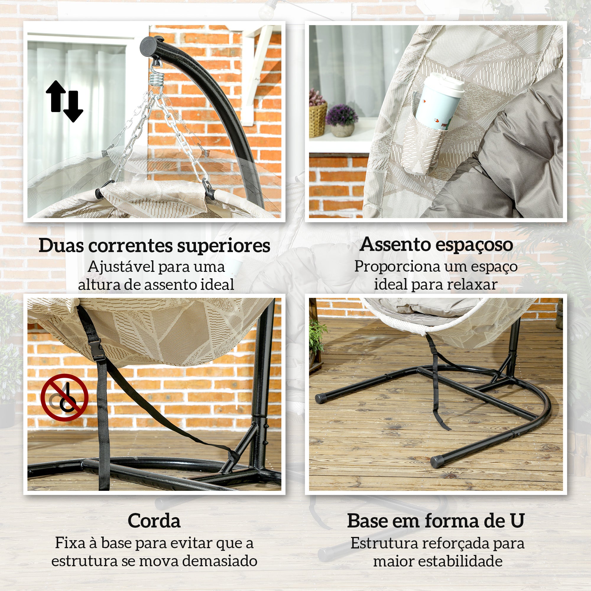 Cadeira Suspensa Marrom 106x114x178 cm com Almofada e Suporte para Copos