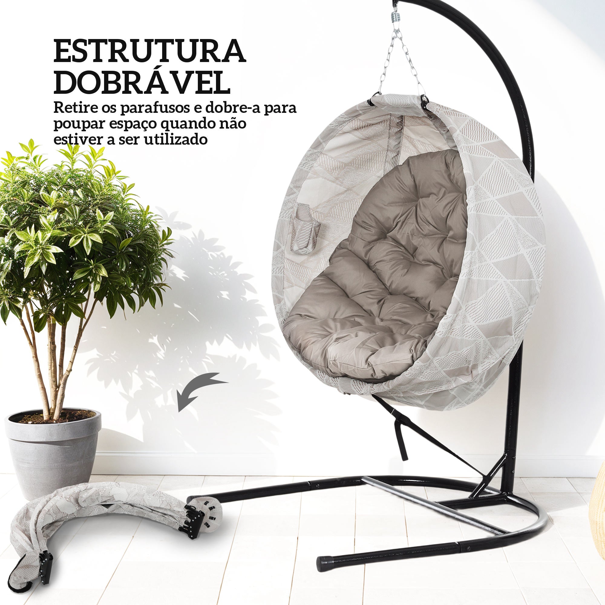 Cadeira Suspensa Marrom 106x114x178 cm com Almofada e Suporte para Copos
