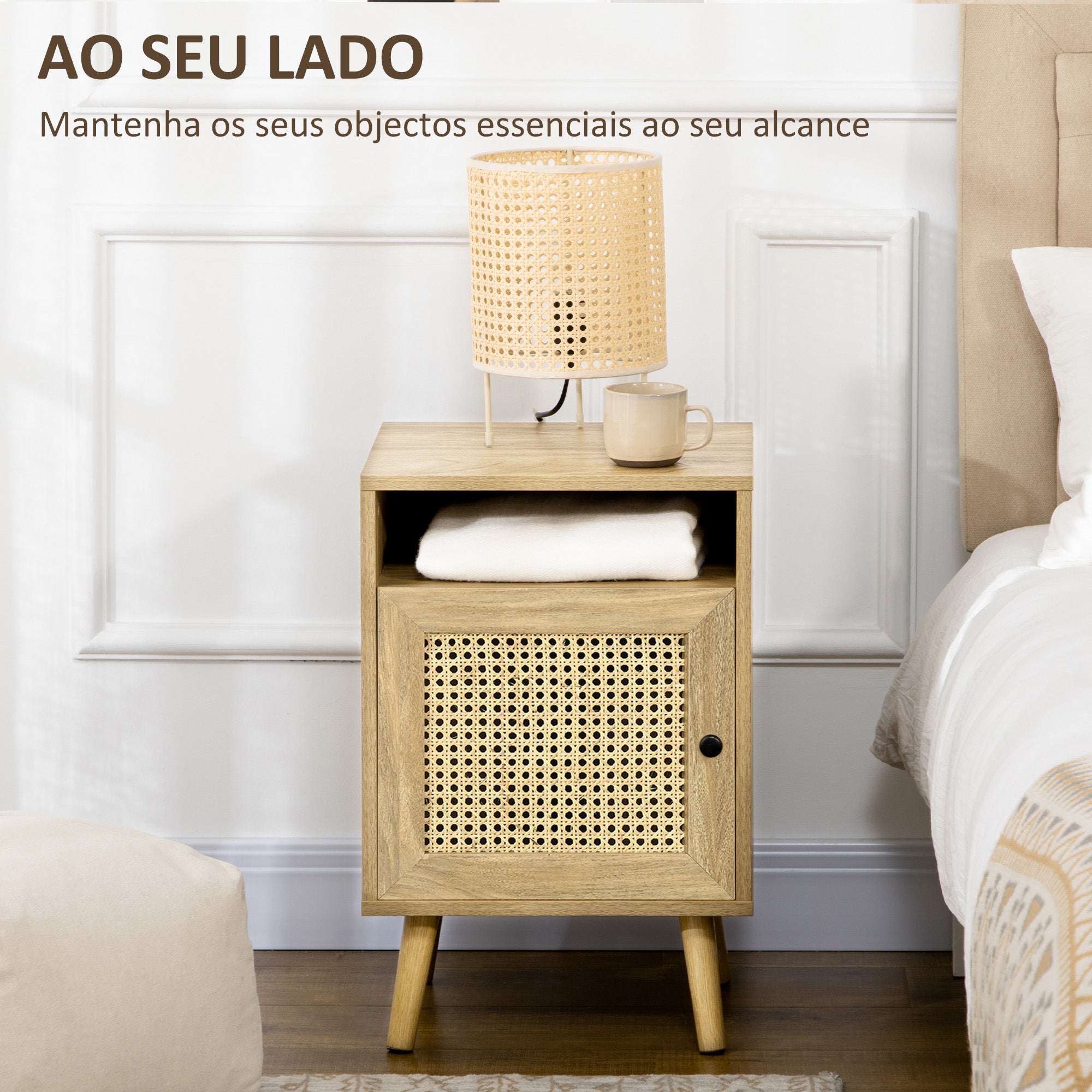 Conjunto de 2 Mesas de Cabeceira – 39x35x60 cm – Cor de Madeira Natural – Melamina de madeira, madeira de pinho e vime hexagonal