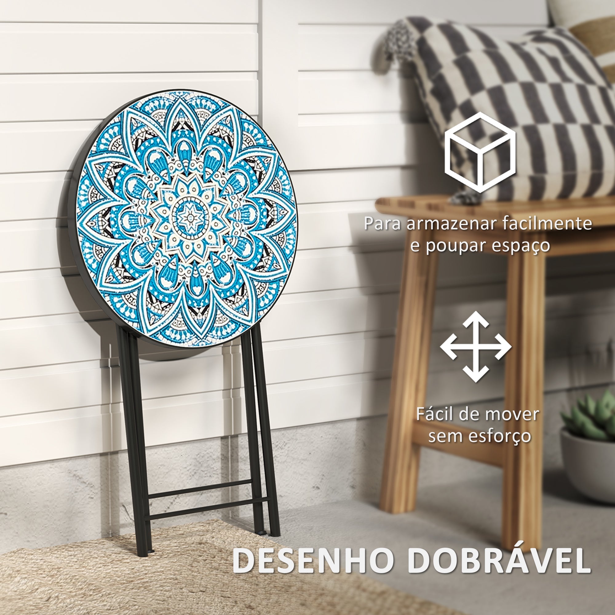 Mesa Auxiliar Redonda Azul Ø35,5x55 cm - Bancada em Mosaico