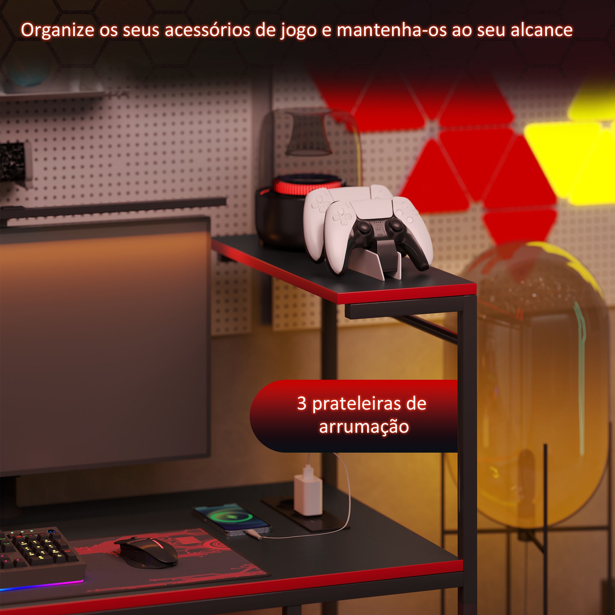Secretária Gaming com Luzes LED – 110x50x113 cm – Preto e Vermelho – Melamina e Aço