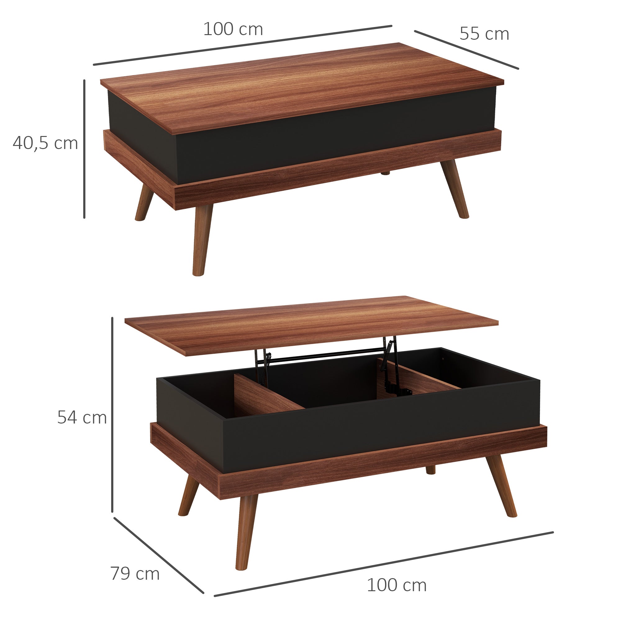 Mesa de Centro Elevatória com 3 Compartimentos de Armazenamento - 100x79x54 cm - Marrom e Preto