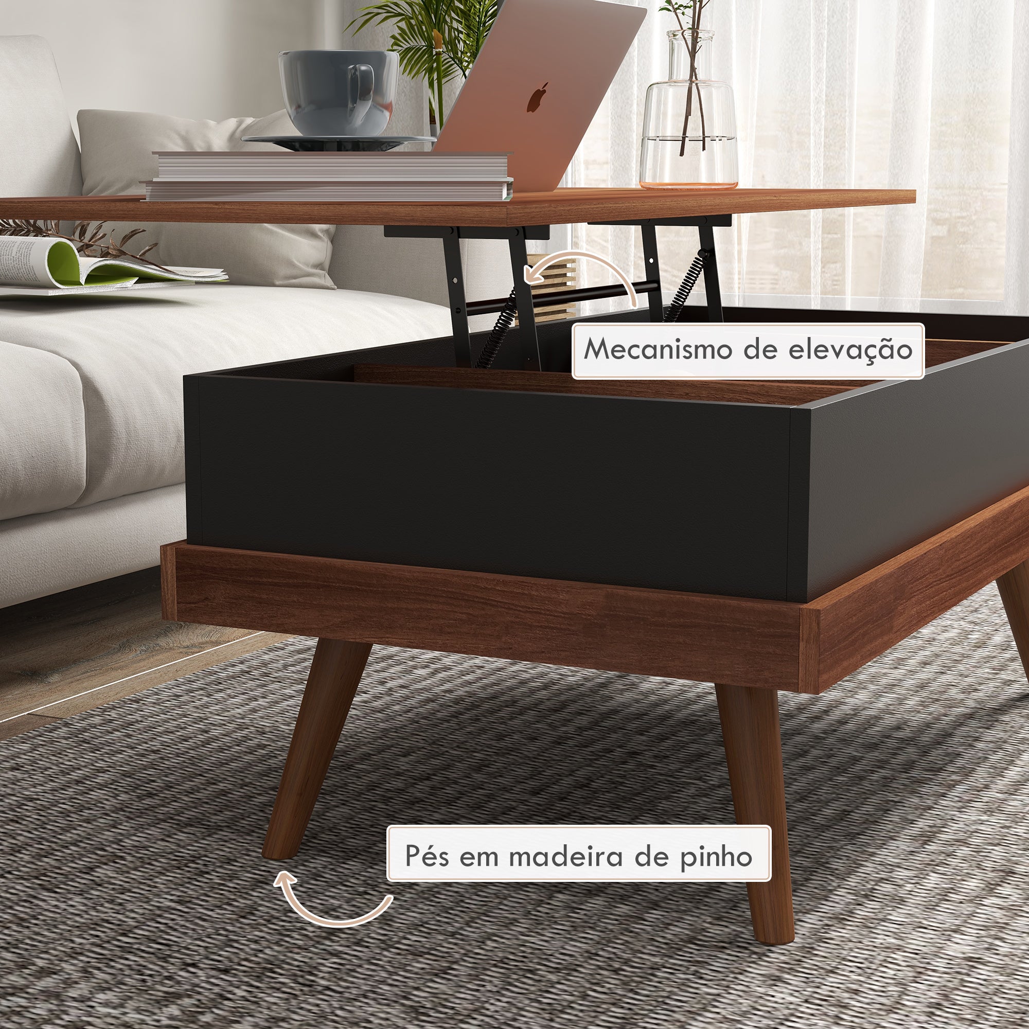 Mesa de Centro Elevatória com 3 Compartimentos de Armazenamento - 100x79x54 cm - Marrom e Preto
