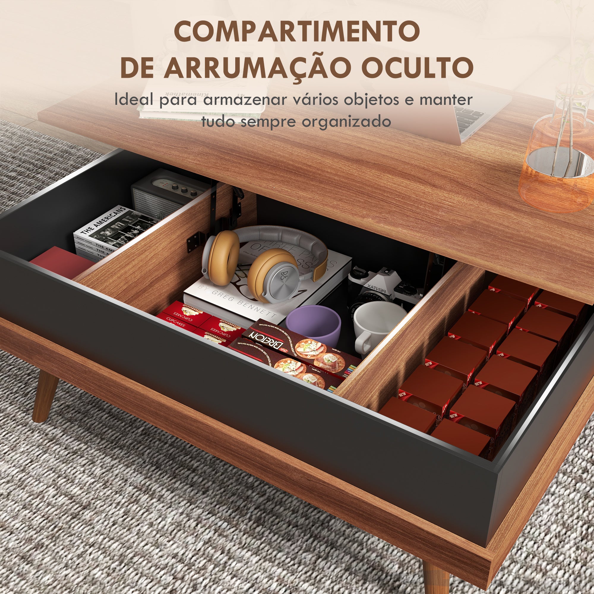 Mesa de Centro Elevatória com 3 Compartimentos de Armazenamento - 100x79x54 cm - Marrom e Preto