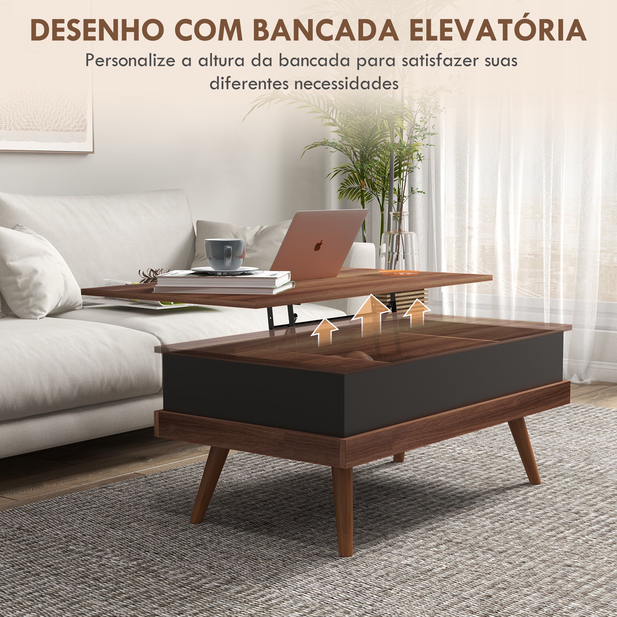 Mesa de Centro Elevatória com 3 Compartimentos de Armazenamento - 100x79x54 cm - Marrom e Preto