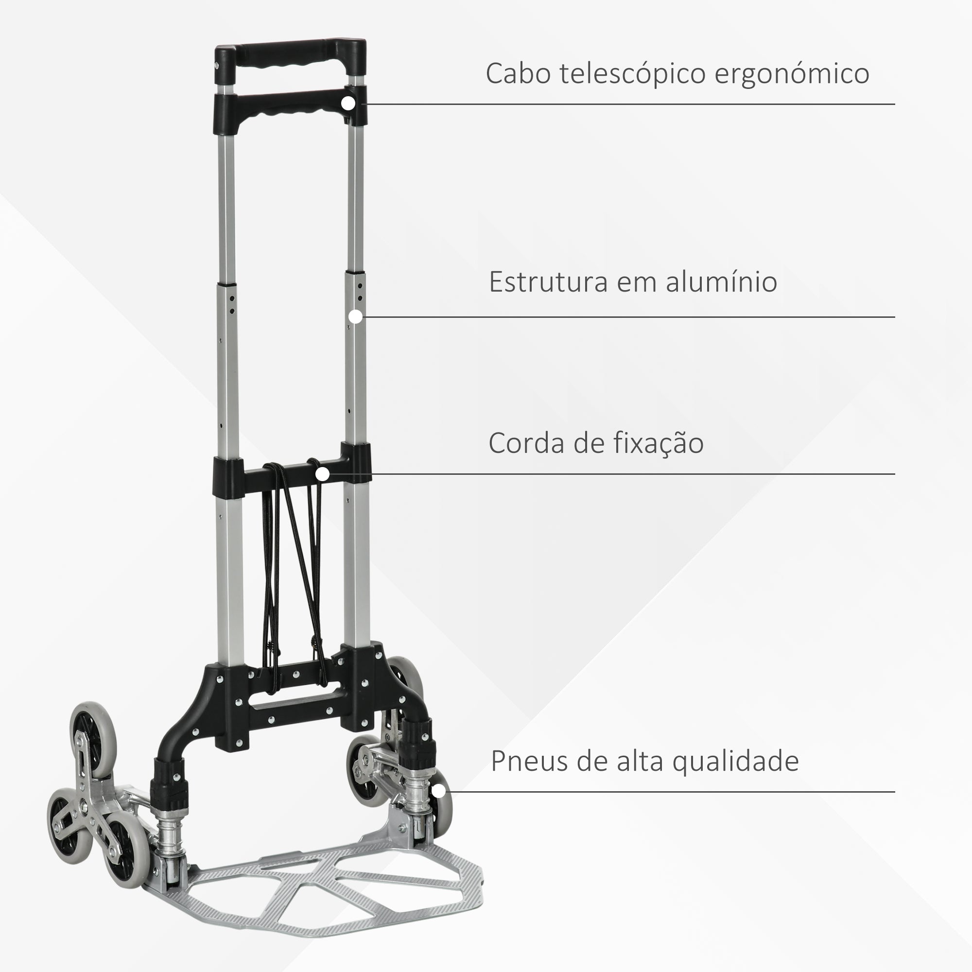 Carrinho de Mão Portátil para Escadas – 47x47x100 cm – Preto e Prata – Alumínio e Aço