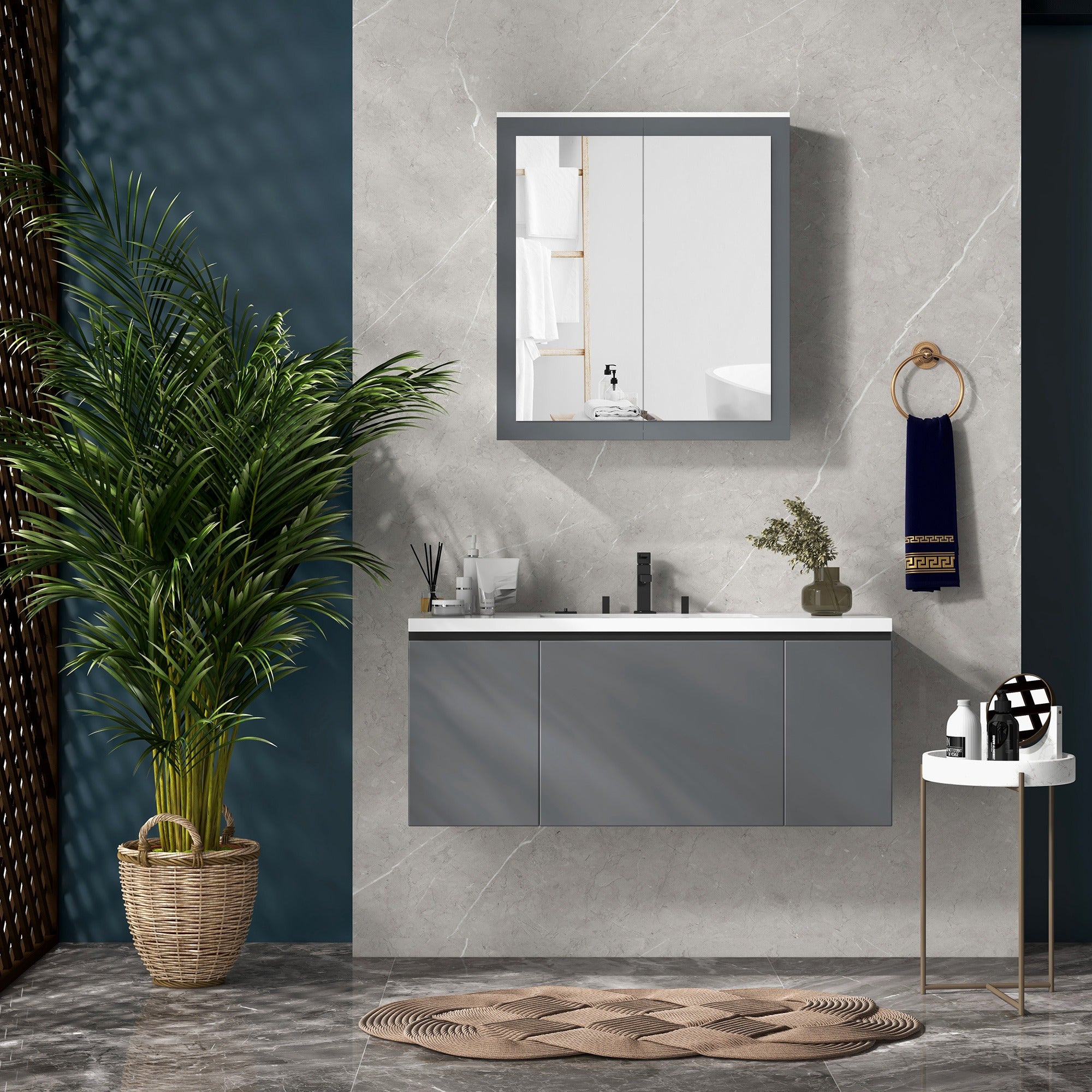 Armário de Casa de Banho com Espelho – 69x17x75,5 cm – Branco e Cinza – MDF e vidro