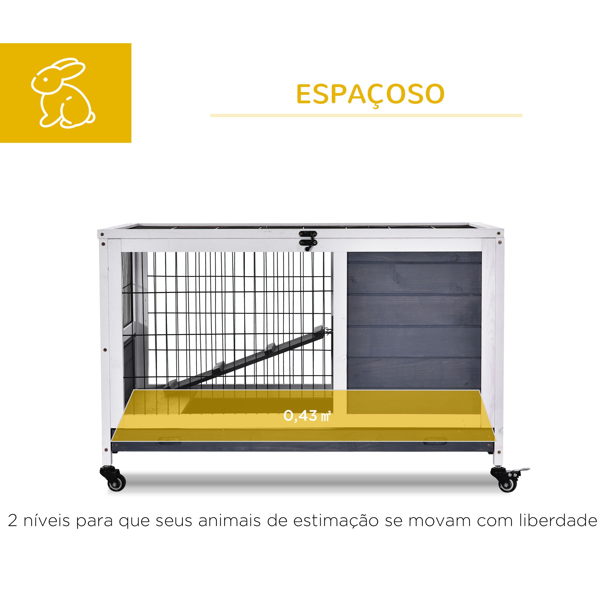Coelheira de Madeira para Pequenos Animais - 90x53x59 cm - Cinza e Branco