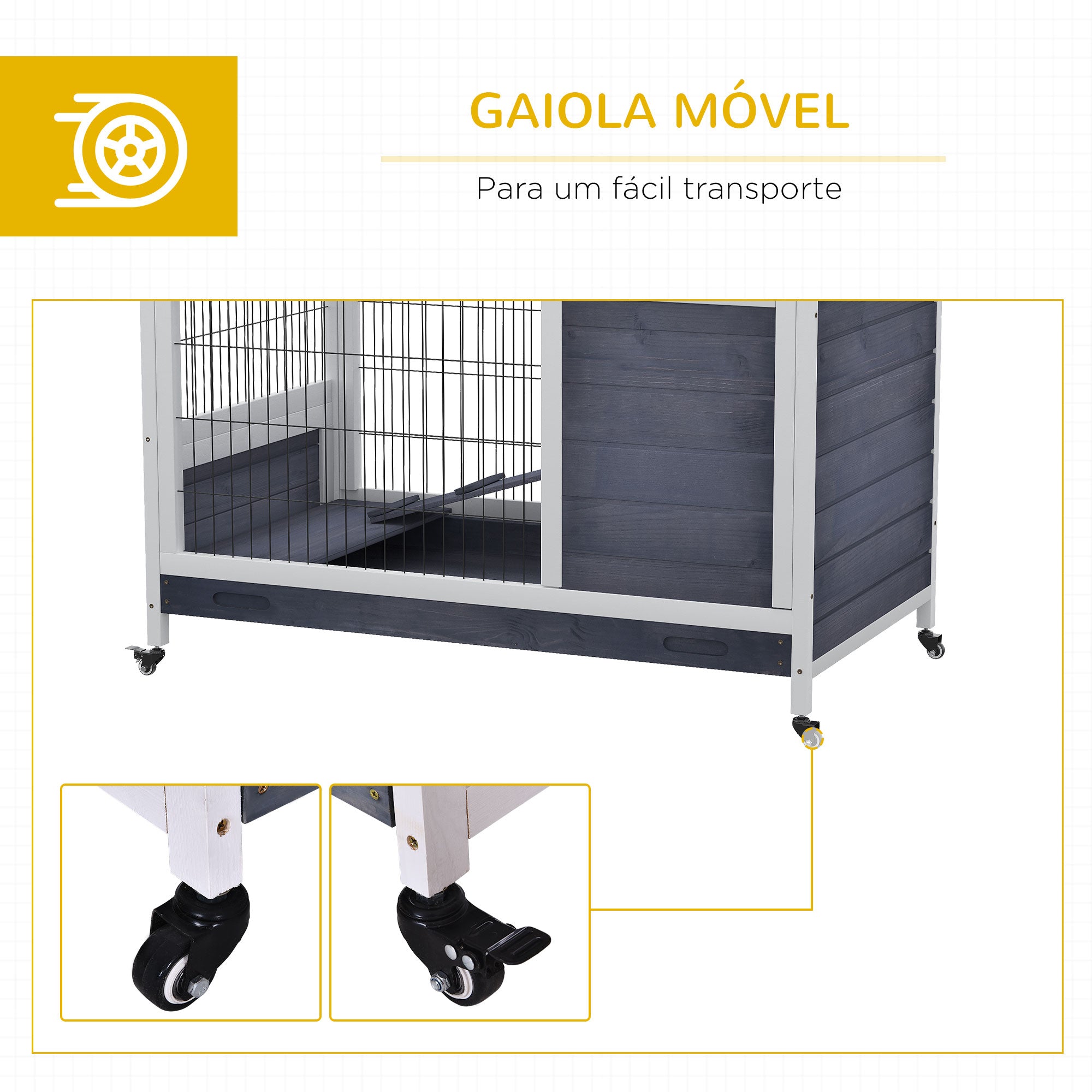 Coelheira de Madeira para Pequenos Animais - 90x53x59 cm - Cinza e Branco