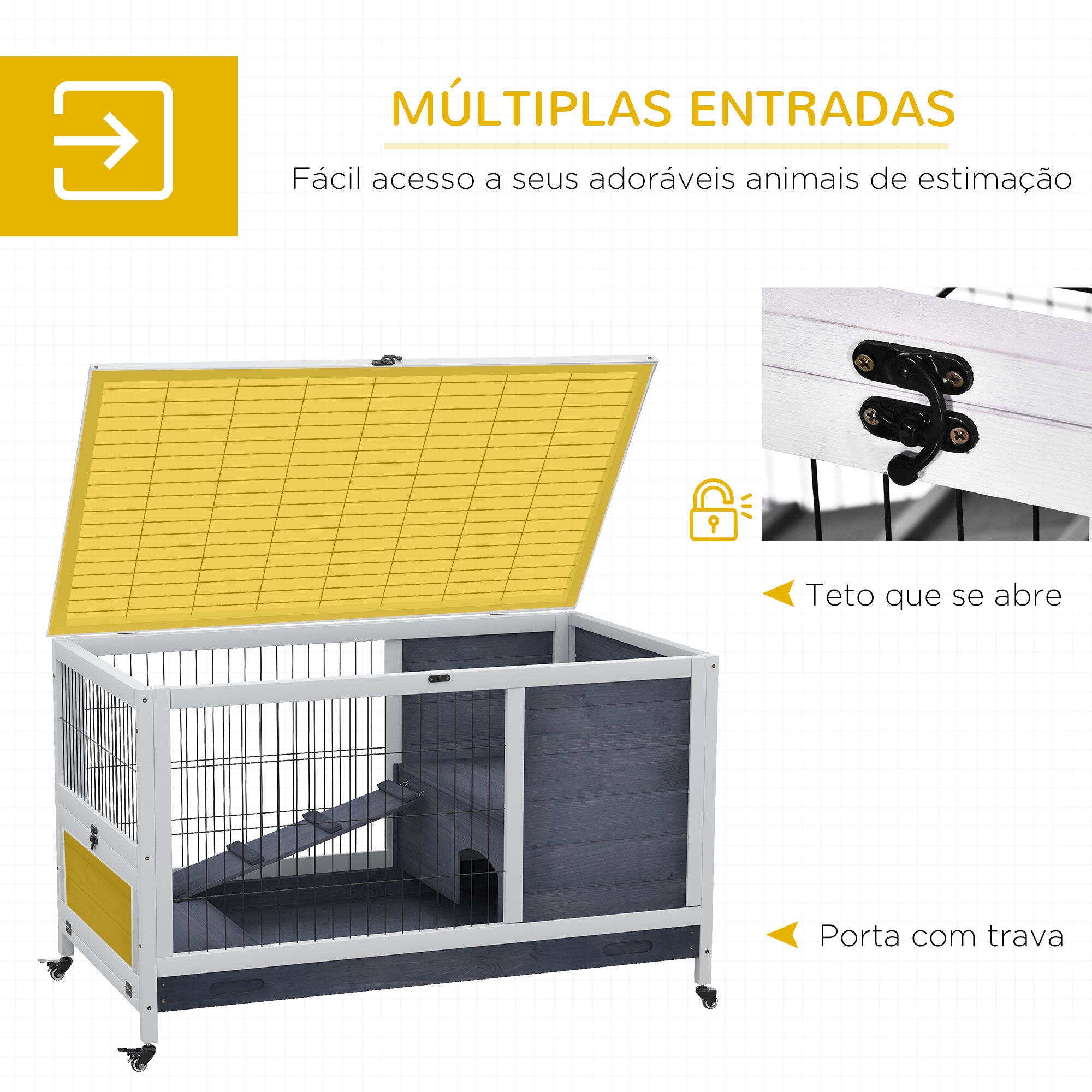 Coelheira de Madeira para Pequenos Animais - 90x53x59 cm - Cinza e Branco
