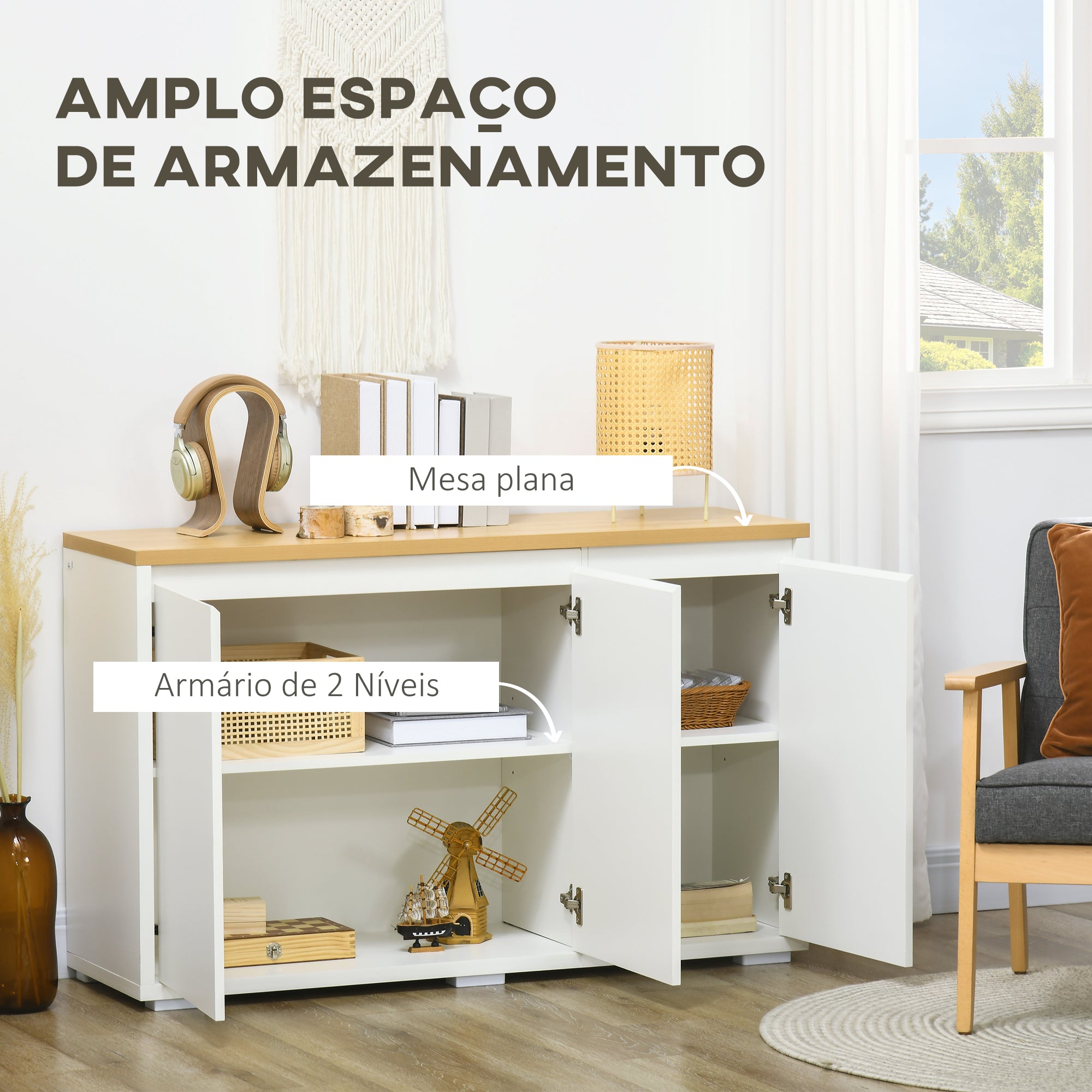 Aparador de Sala de Estar Moderno – 120x37x75 cm – Branco e Madeira