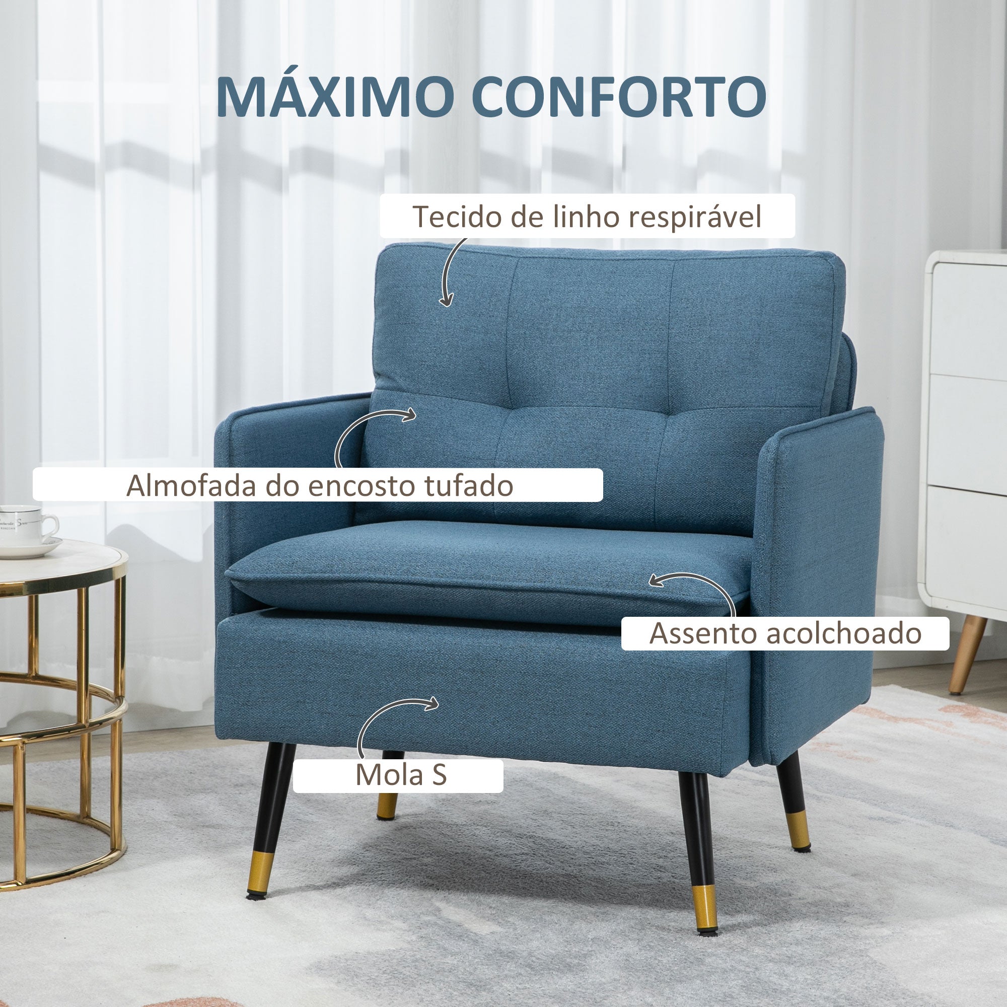 Poltrona – 76x68x80 cm – Azul – Tecido imitação linho