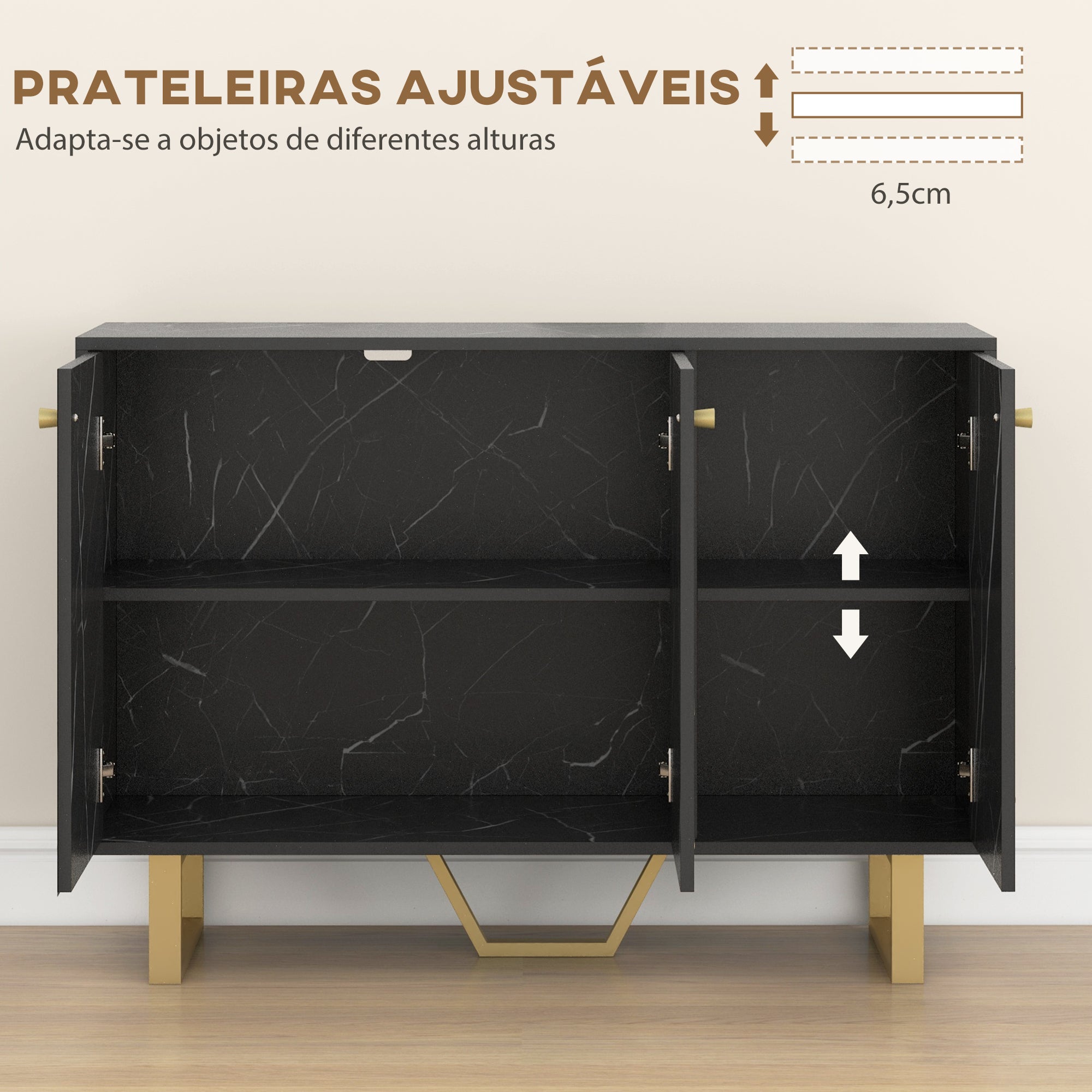 Aparador de Sala de Estar – 107x35x75 cm – Preto – Melamina e metal