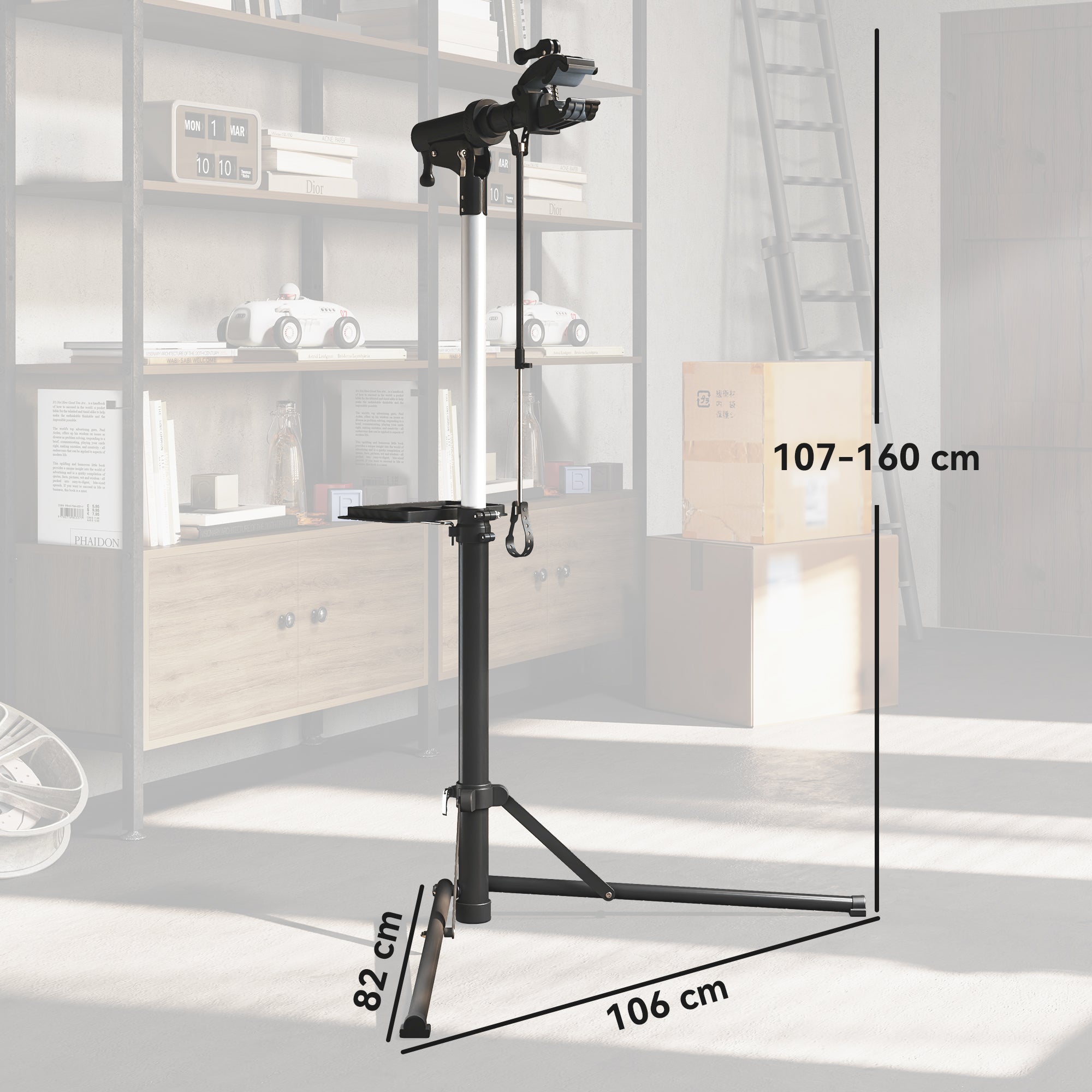 Suporte para Reparação de Bicicleta Dobrável – 82x106x107-160 cm – Preto – Metal, Alumínio e ABS