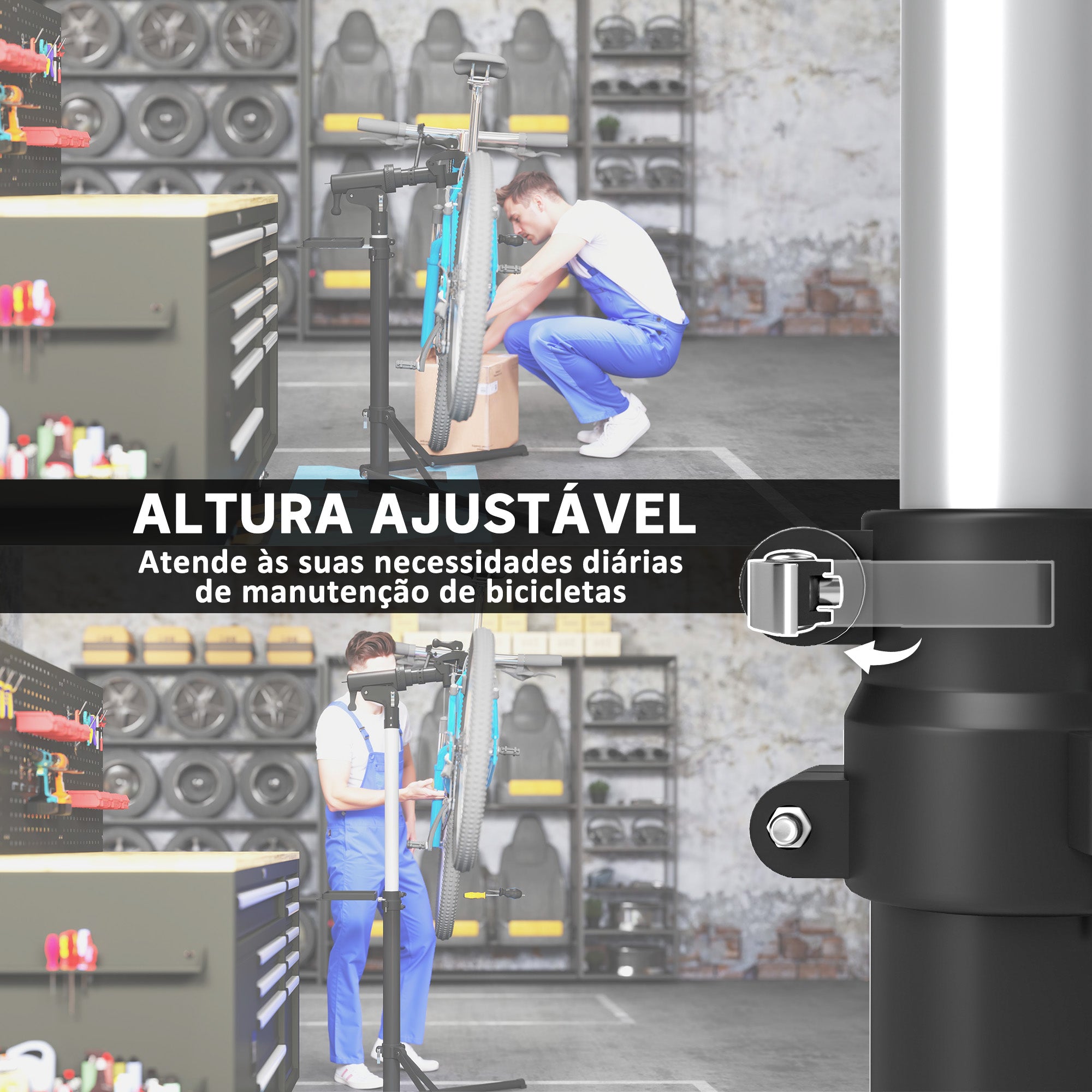 Suporte para Reparação de Bicicleta Dobrável – 82x106x107-160 cm – Preto – Metal, Alumínio e ABS