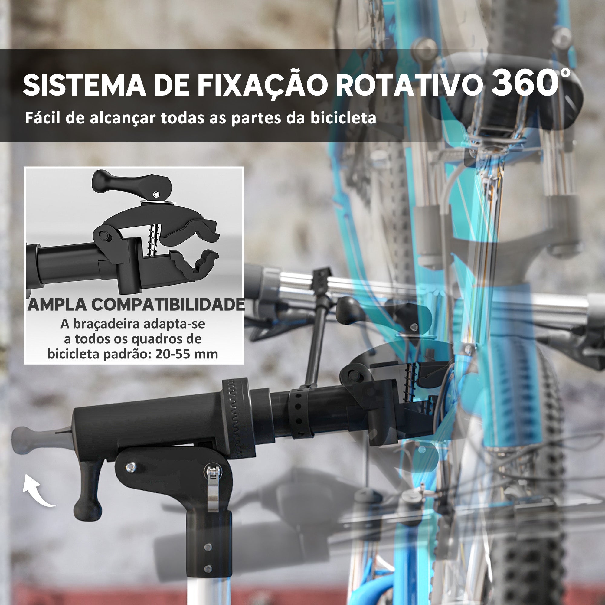Suporte para Reparação de Bicicleta Dobrável – 82x106x107-160 cm – Preto – Metal, Alumínio e ABS