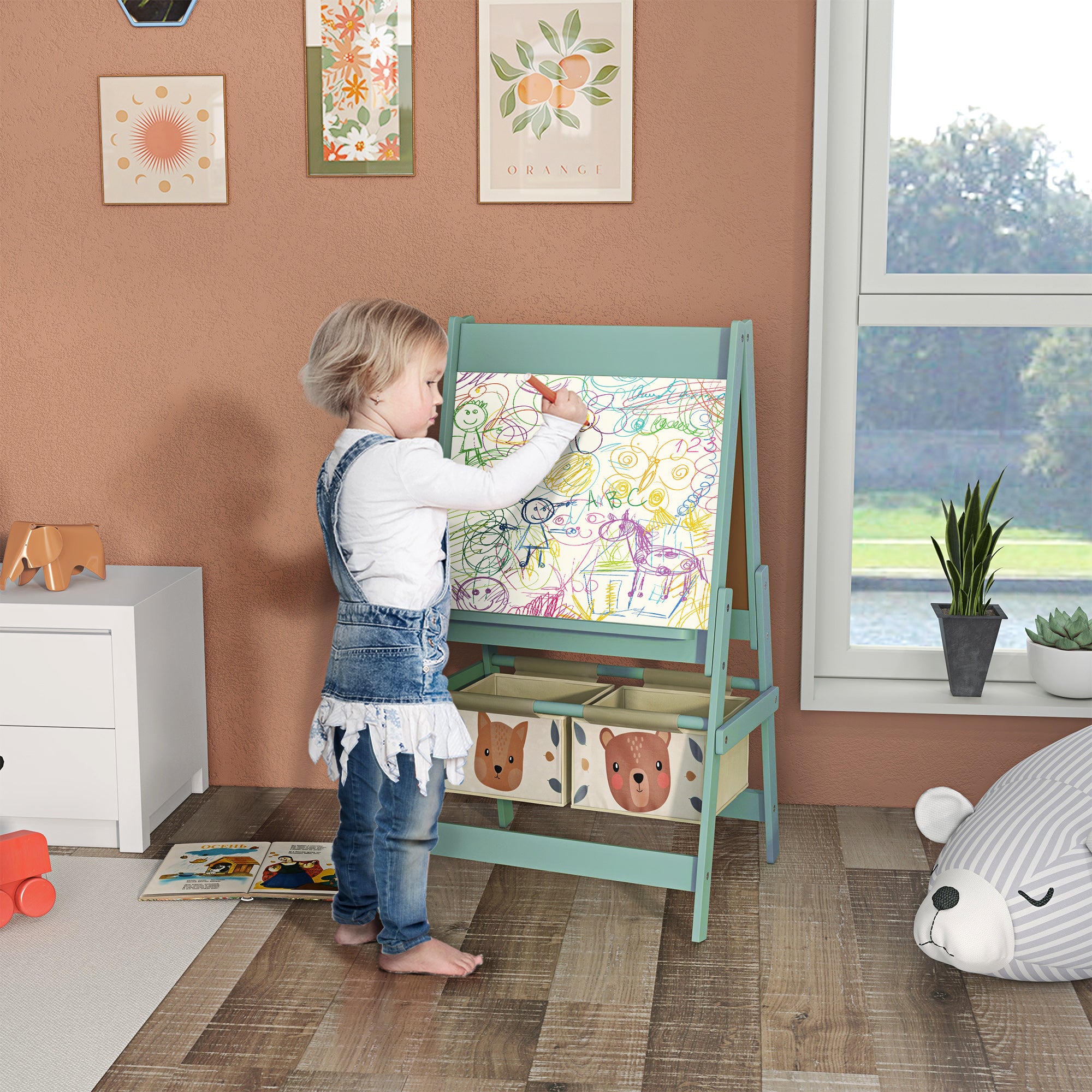 Cavalete Infantil 3 em 1 – 54x46,5x93 cm – Verde – MDF e madeira de pinho