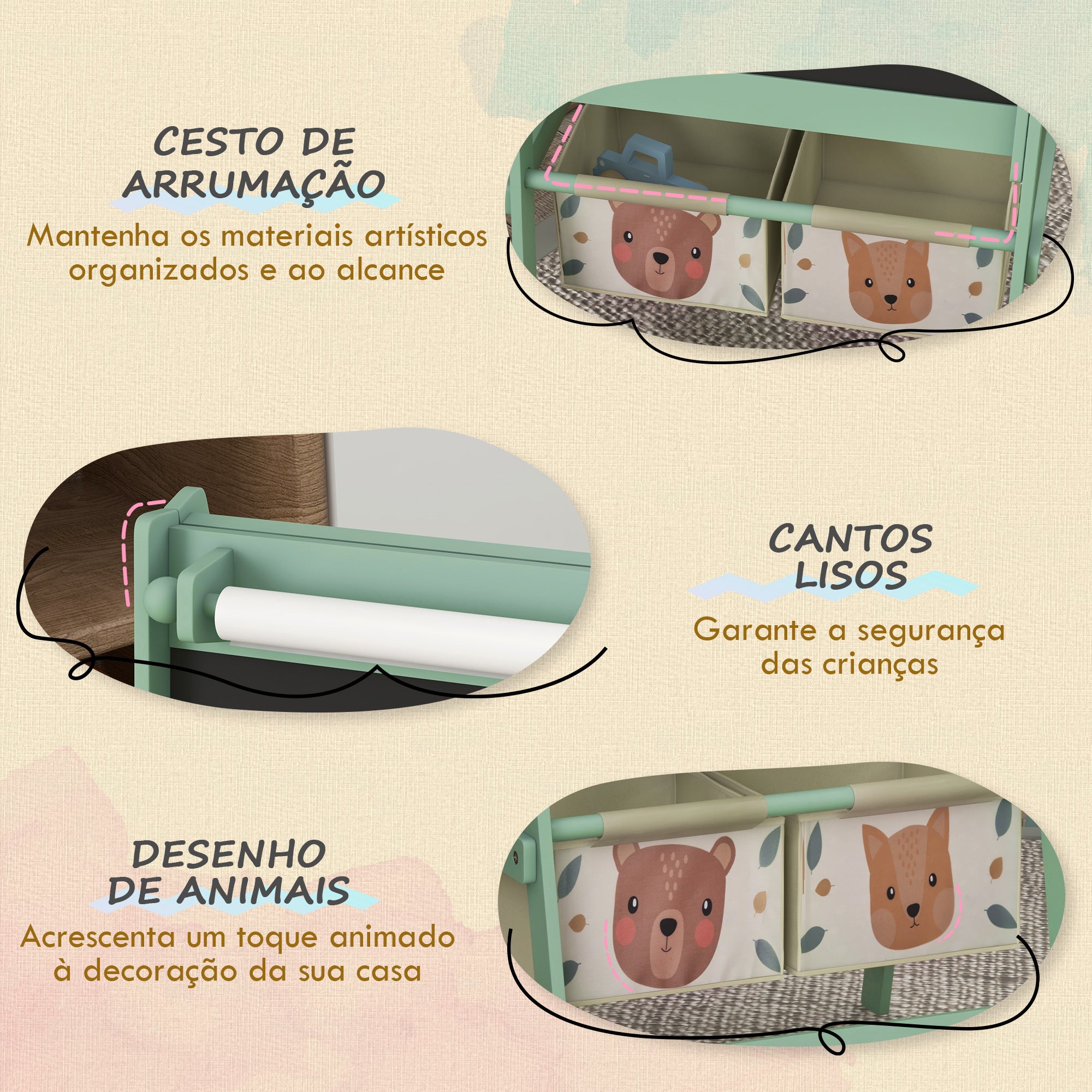 Cavalete Infantil 3 em 1 – 54x46,5x93 cm – Verde – MDF e madeira de pinho
