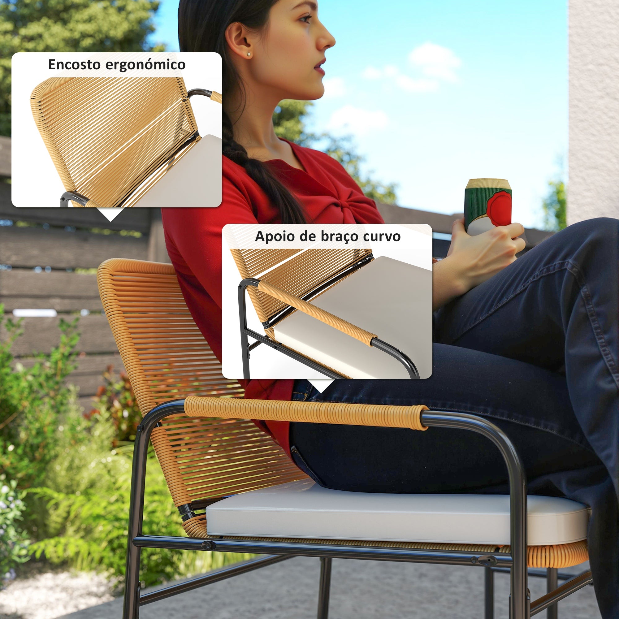 Conjunto de Jardim de 3 Peças - Cadeiras com Almofadas Removíveis - 66x54x76 cm - Cor Creme Branco