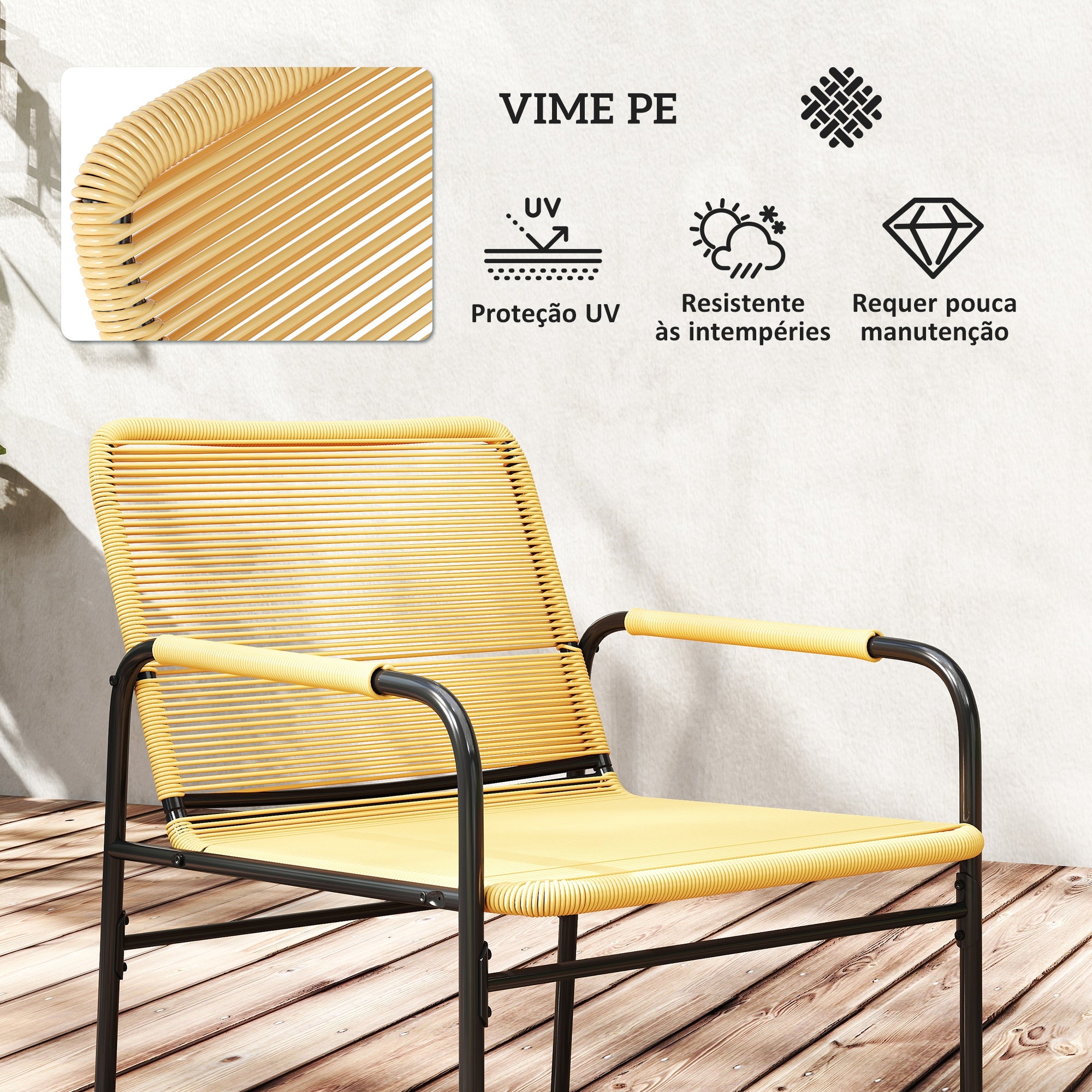 Conjunto de Jardim de 3 Peças - Cadeiras com Almofadas Removíveis - 66x54x76 cm - Cor Creme Branco