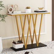 Mesa Consola Moderna de 100 cm com Superfície de Mármore Artificial e Estrutura Metálica - Branco e Dourado