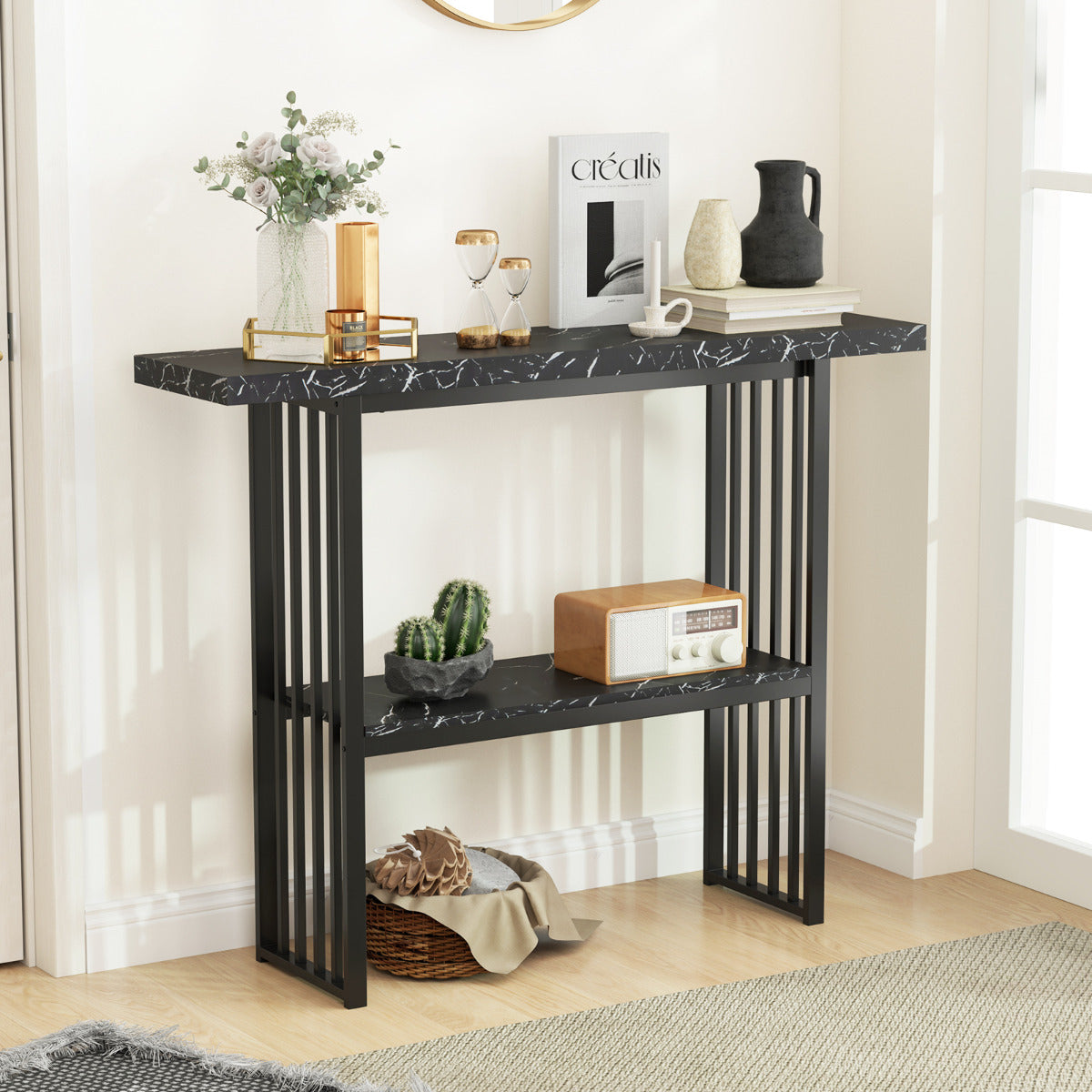 Mesa Consola 2 Níveis Mesinha de Sofá Estreita em Imitação de Mármore Estrutura em Aço Dourado Mesa de Entrada 120 x 29,5 x 92,5 cm Preto