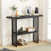 Mesa Consola 2 Níveis Mesinha de Sofá Estreita em Imitação de Mármore Estrutura em Aço Dourado Mesa de Entrada 120 x 29,5 x 92,5 cm Preto