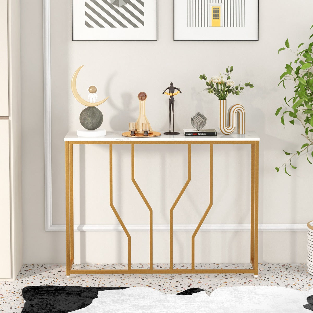 Mesa Consola Moderna de Metal – 110 x 30 x 80 cm – Branco – Mármore Artificial