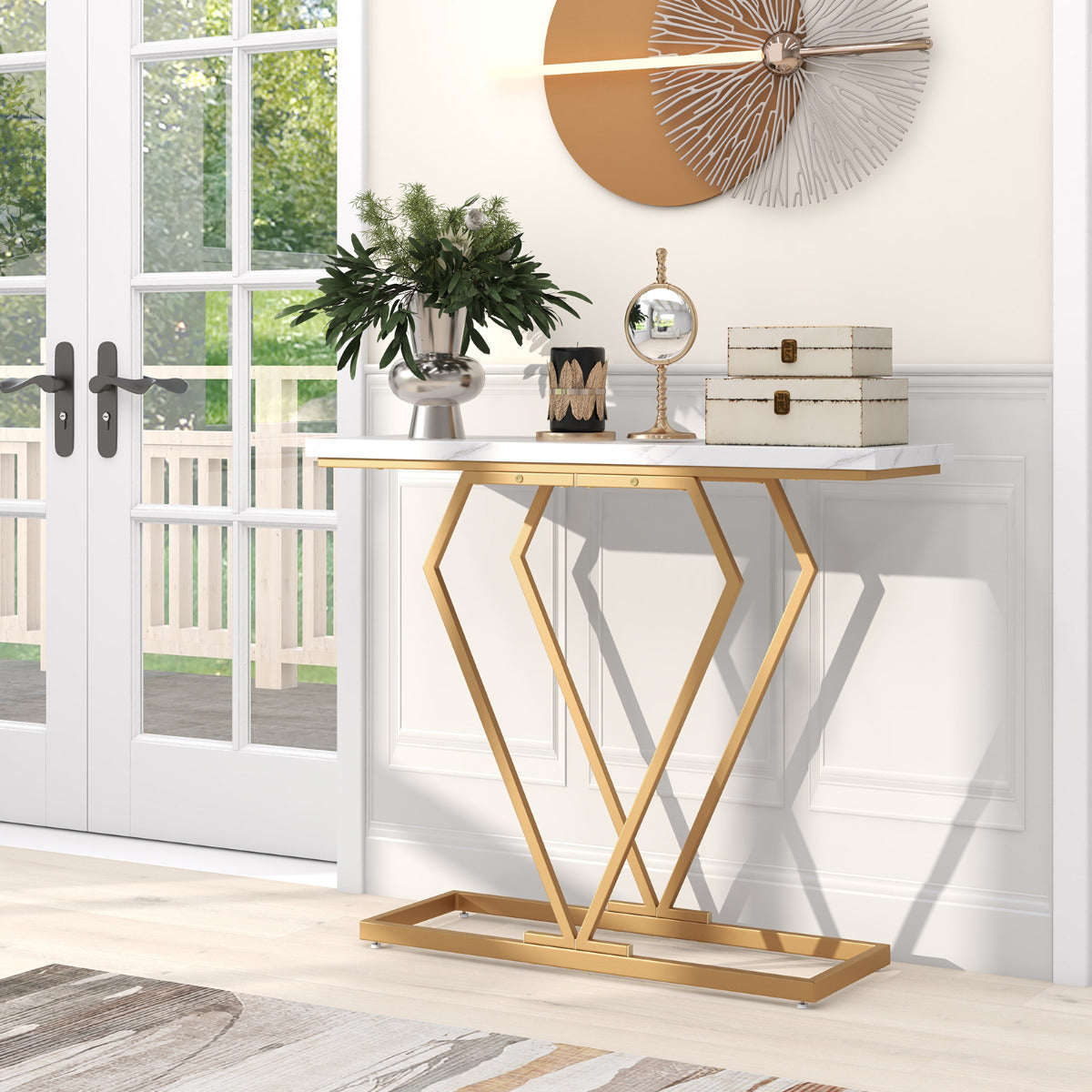 Mesa de Consola Estreita em Mármore Sintético – 100 cm x 29,5 cm – Branco – Metal