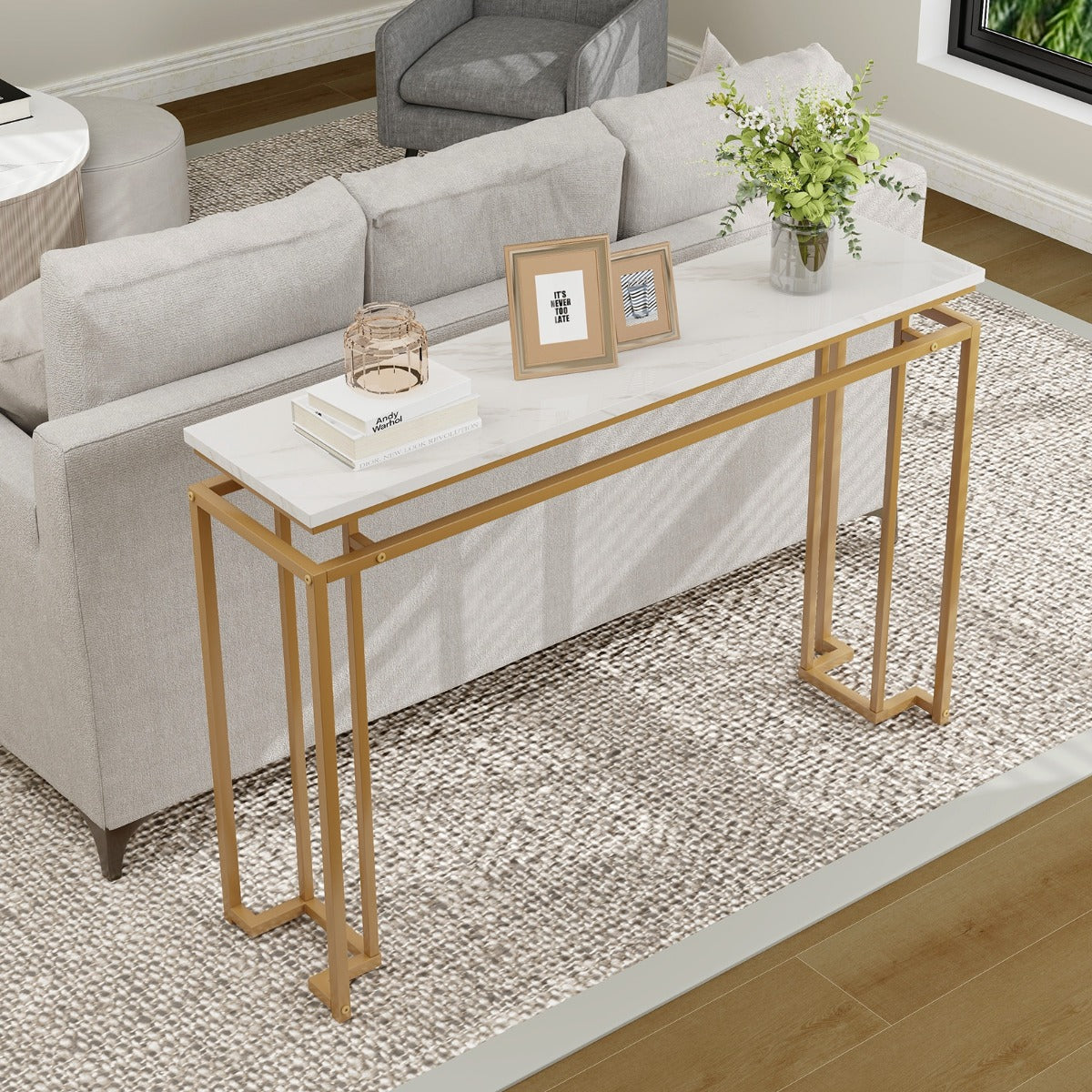 Mesa Consola Moderna – 30 x 120 x 80,5 cm – Dourada – Mármore Artificial e Metal