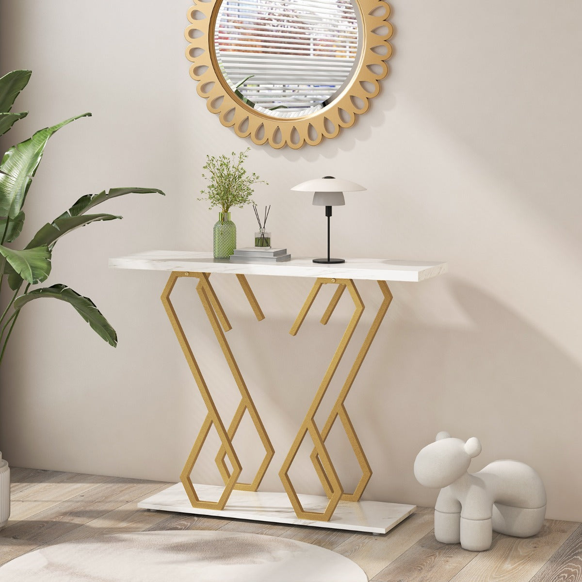 Mesa Consola Moderna – 100 x 30 x 79 cm – Branco – Mármore Artificial e Metal