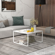 Mesa de Centro Quadrada Moderna – 70 x 70 x 40 cm – Branca – Imitacão de Mármore e Aço