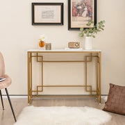 Mesa Consola Estreita com Tampo de Mármore – 110 x 30 x 81 cm – Branco – Estrutura Dourada