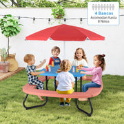 Mesa de Piquenique com Guarda-Sol Ajustável e Dobrável 4 Bancos Incorporados para Até 8 Crianças 125 × 125 × 100-160 cm - Azul