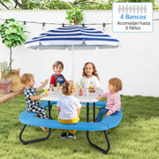 Mesa de Piquenique com Guarda-Sol Ajustável e Dobrável 4 Bancos Incorporados para Até 8 Crianças 125 × 125 × 100-160 cm - Branco