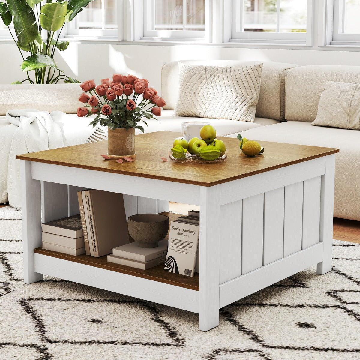 Mesa de Centro de 2 Níveis em Madeira com Prateleira Inferior Aberta, Ampla Superfície e Pernas para Sala de Estar e Escritório 80 x 80 x 45 cm Natural