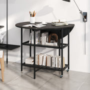 Mesa de Jantar Dobrável Móvel com Mesa Redonda com Aba e 2 Prateleiras e Rodízios Bloqueáveis para Sala de Jantar ou Estar 100 x 100 x 80 cm Preto