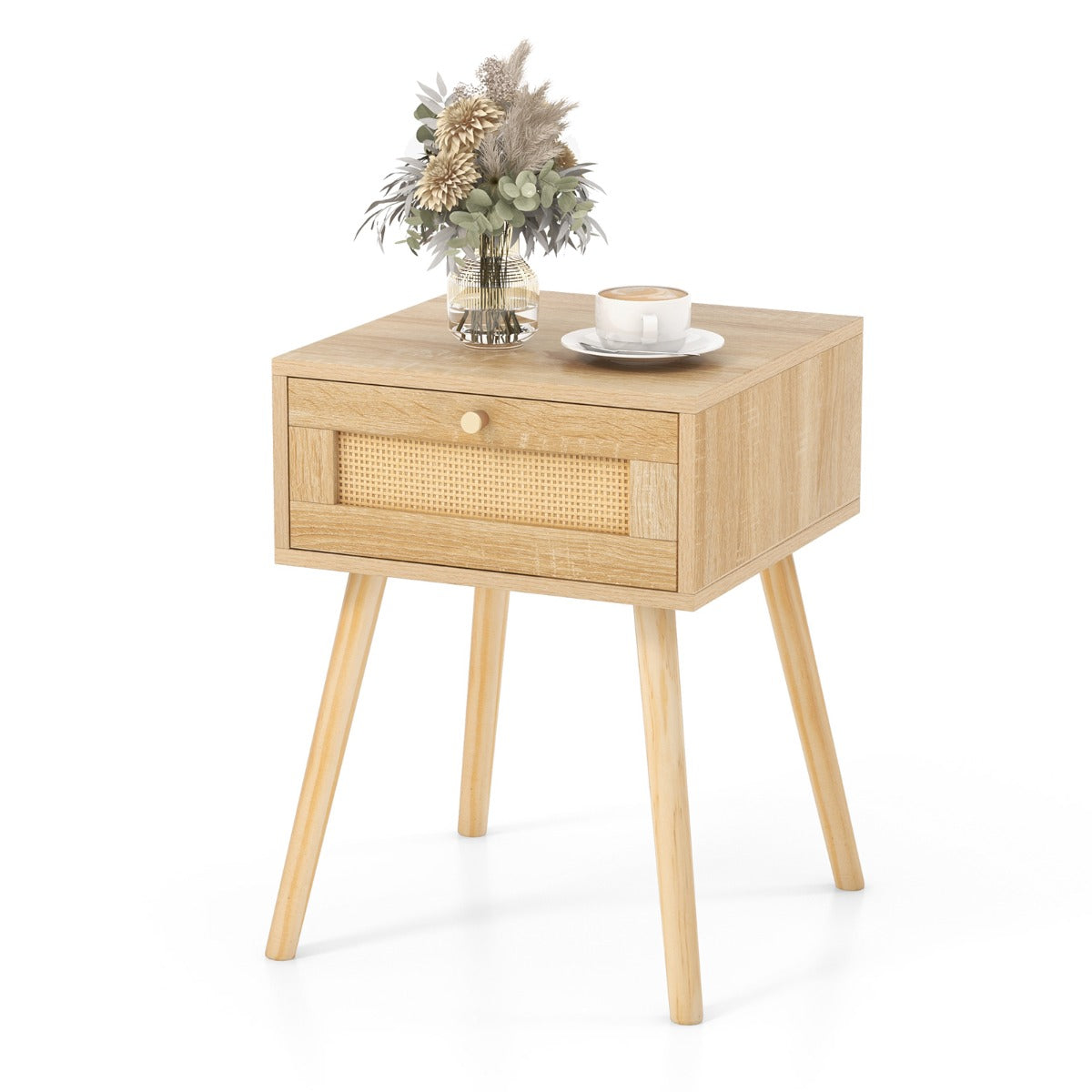 Mesinha de Cabeceira Boho com Decoração em Ratan Tecido à Mão para Quarto e Sala de Estar 40 x 40 x 55 cm Natural