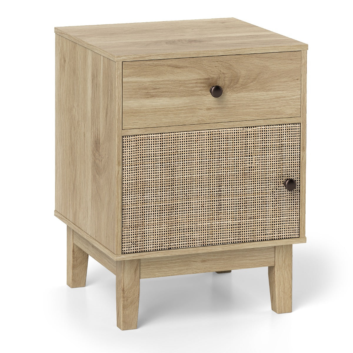 Mesinha de Cabeceira em Rattan Mesa Lateral Moderna com Gaveta e Armário Mesa Boho com Pernas de Madeira Maciça para Quarto-Natural