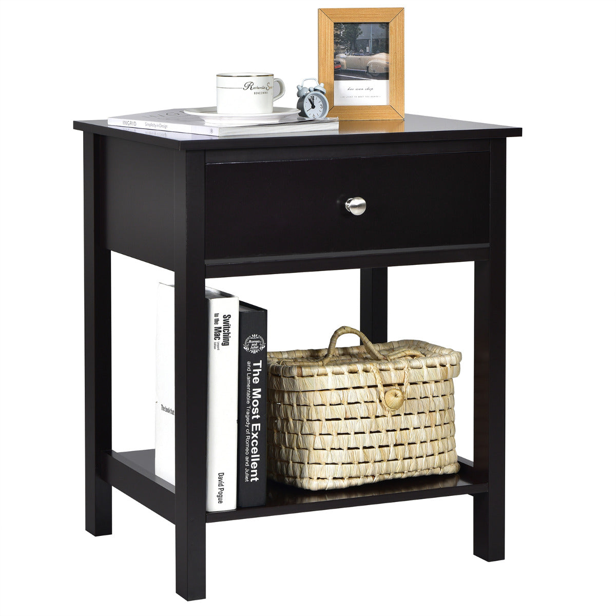 Mesinha de Cabeceira com Gaveta e Prateleira – 2 Níveis – Preto – MDF