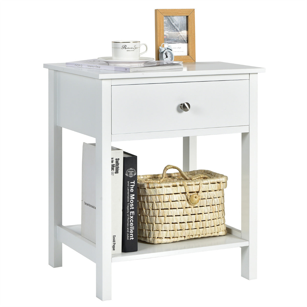 Mesinha de Cabeceira com Gaveta e Prateleira – 2 Níveis – Branco – MDF