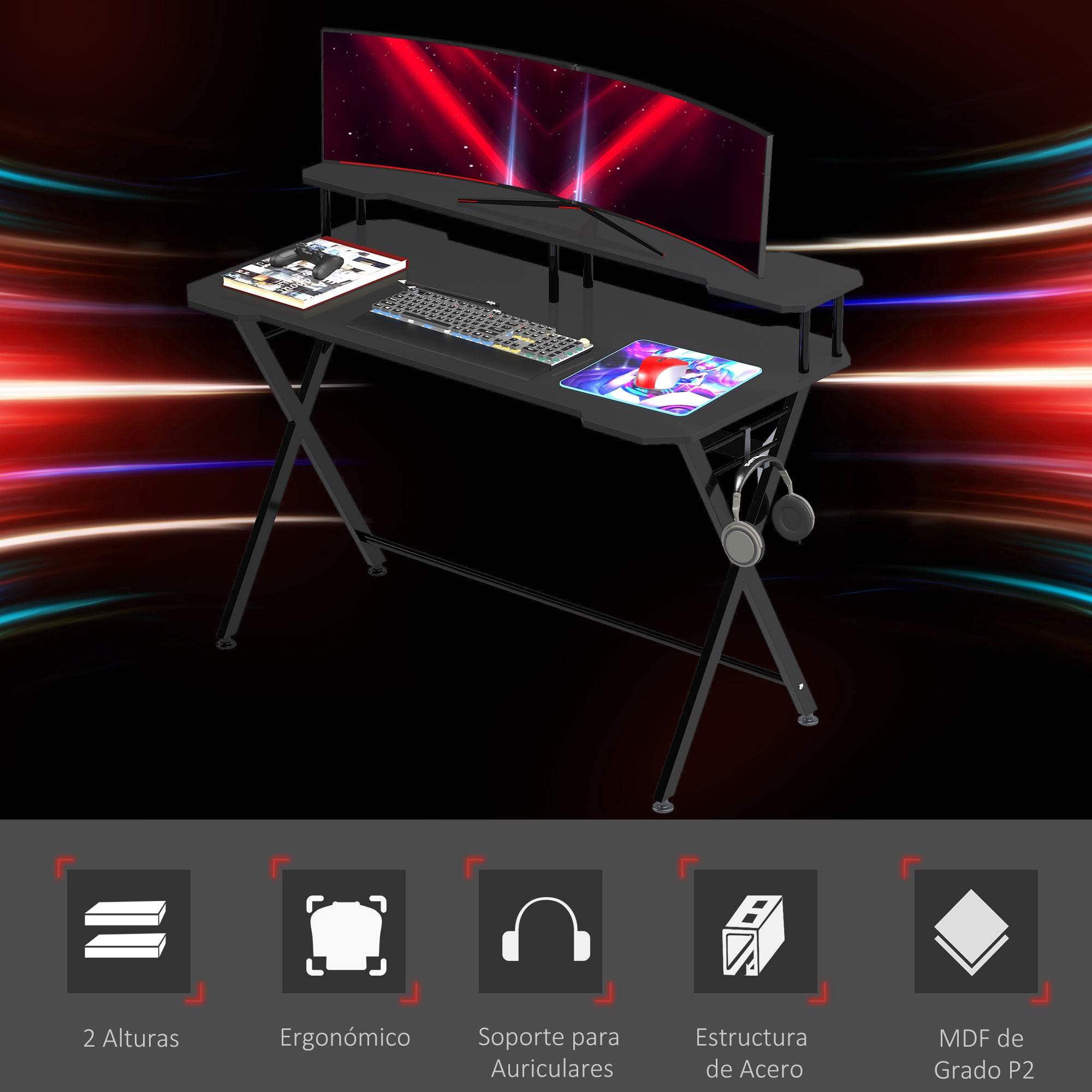 Mesa Gaming 140x60x90 cm - Preto