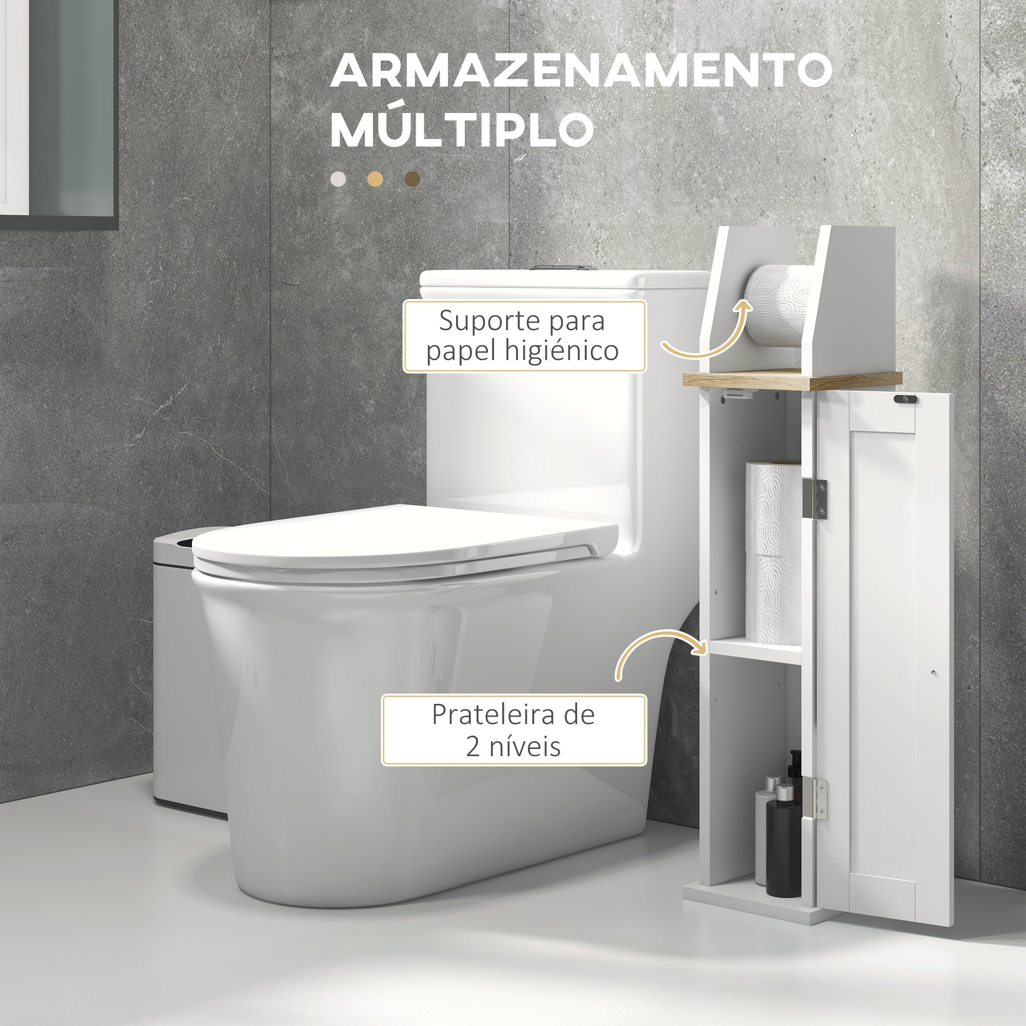 Armário de Casa de Banho Moderno – 18x20x80 cm – Branco e Madeira – MDF