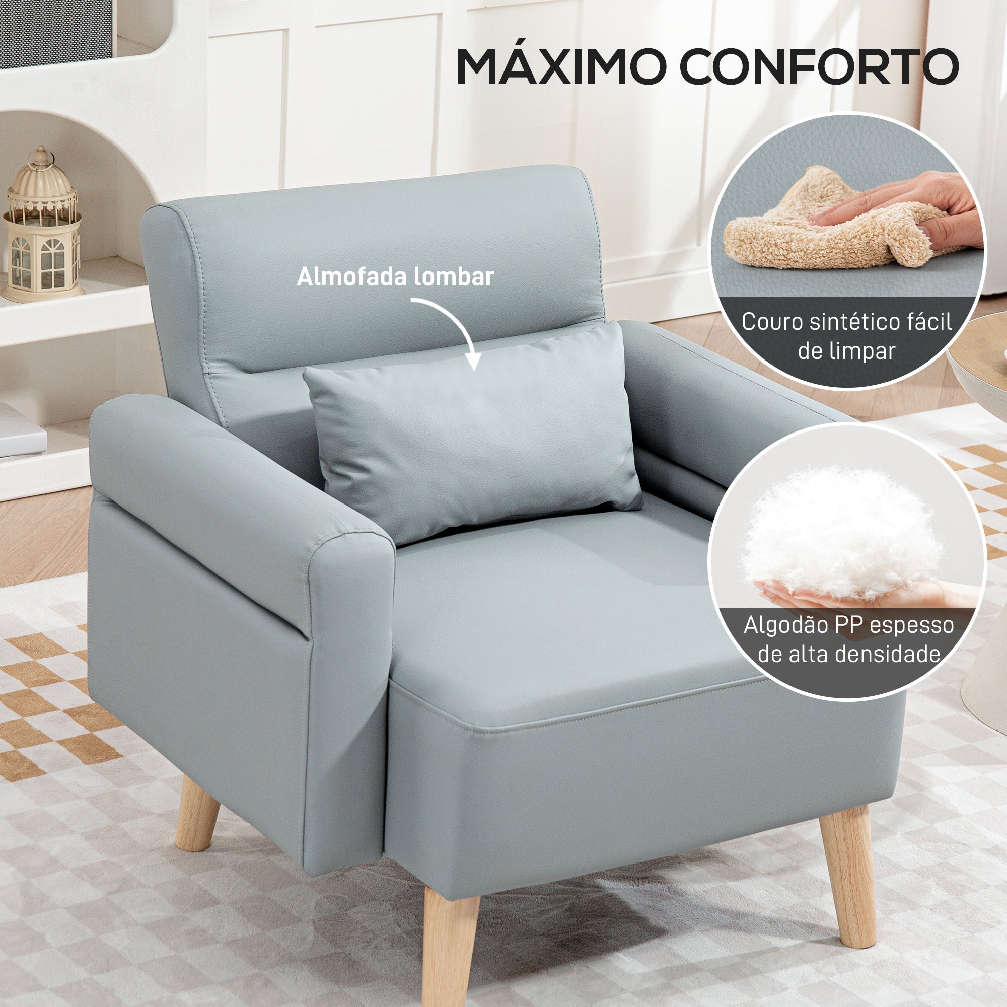 Poltrona Moderna Estofada em Couro Sintético Cinzento 77x78x78 cm