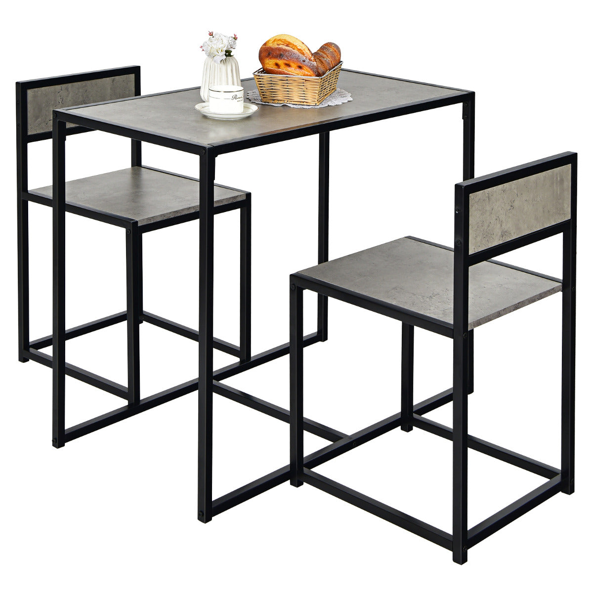 Conjunto de Mesa Compacta e 2 Cadeiras – Cinzento – Metal e Madeira