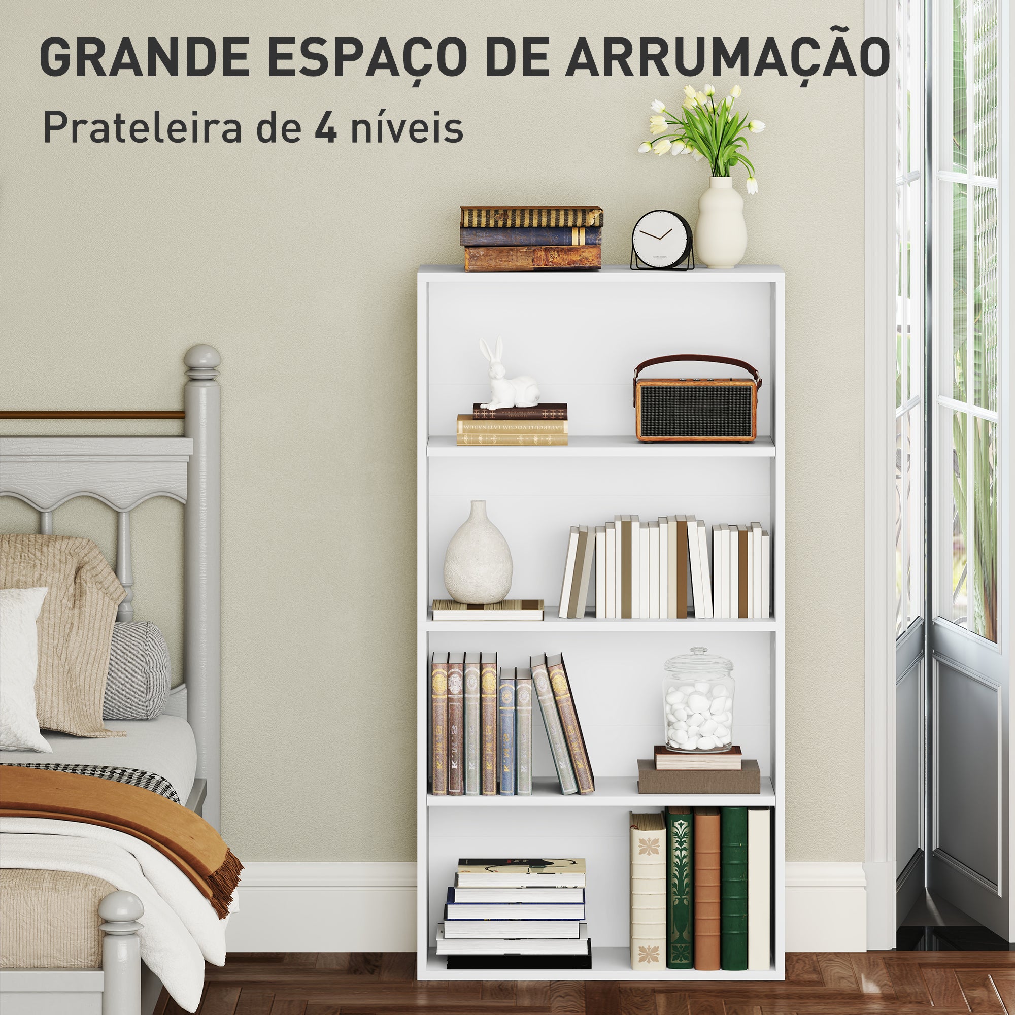 Estante de 4 Níveis Branca 60x24x115,5 cm para Organização de Livros e Decoração