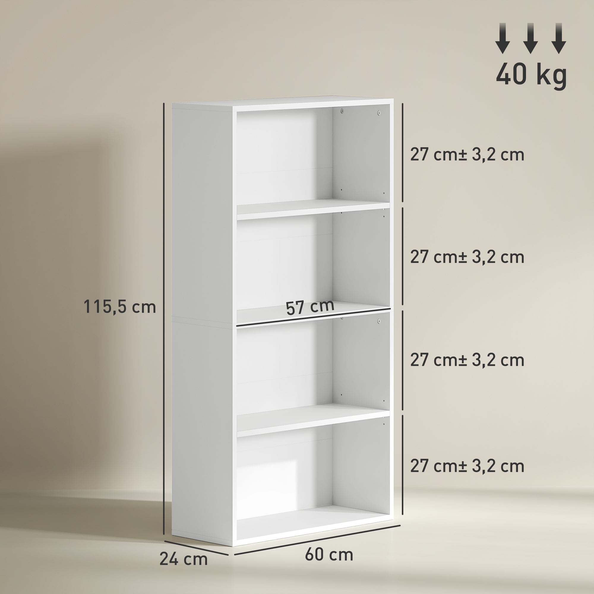 Estante de 4 Níveis Branca 60x24x115,5 cm para Organização de Livros e Decoração