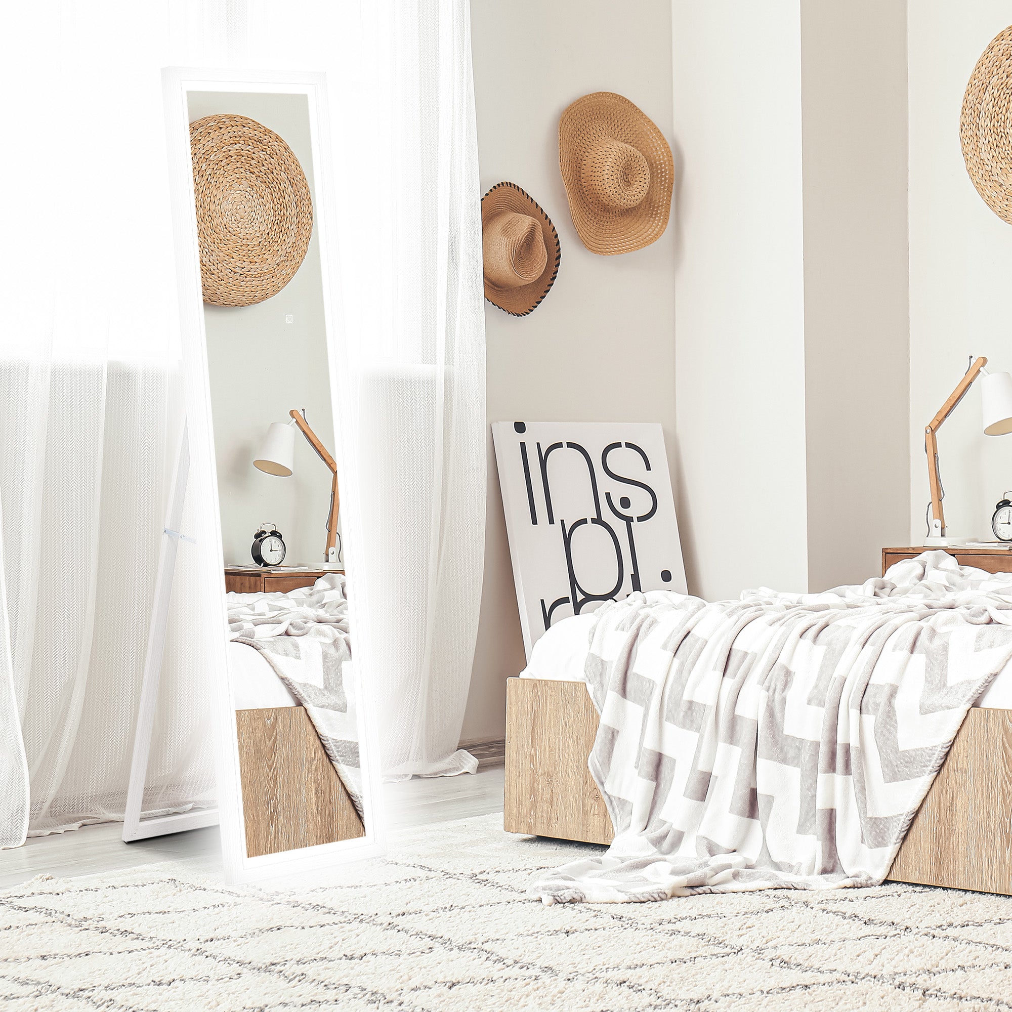 Espelho de Pé com Luz LED – 40x160 cm – Branco – Vidro e MDF