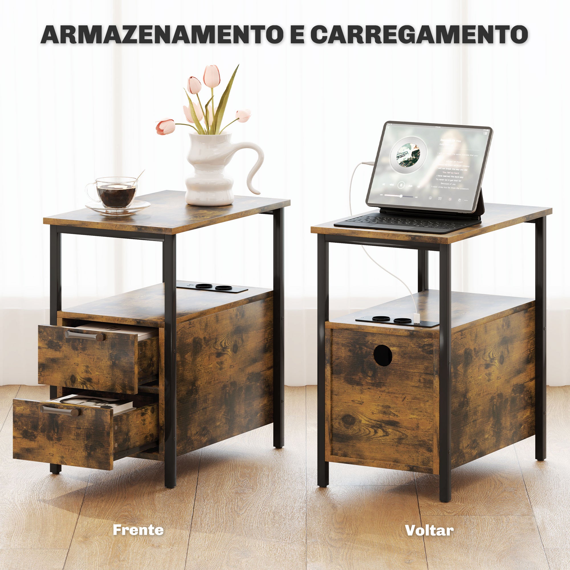 Mesa Auxiliar com Estação de Carga e 2 Gavetas – 55x35x58,5 cm – Castanho Rústico – Melamina de madeira e metal